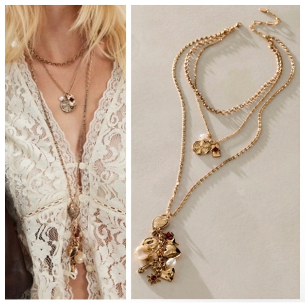 Free People Luelle Layer Necklace gold burgundy sold out new NWT heart charm